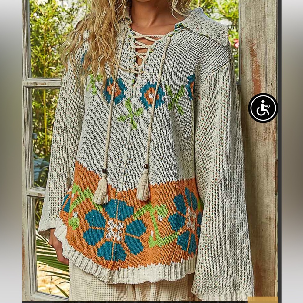 POL Cream Knit V-Neck Sweater with Teal & Orange Floral Pattern